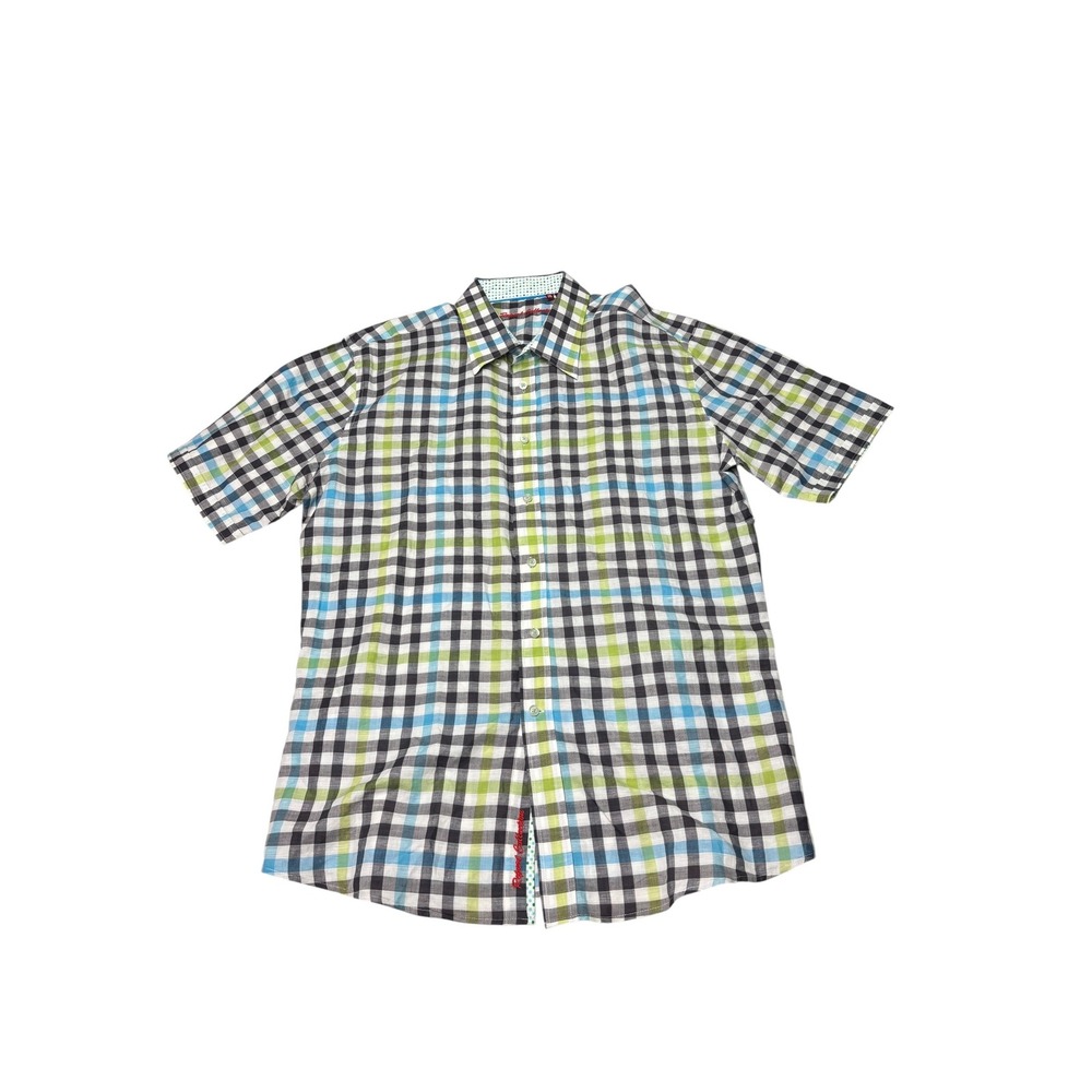 Report Collection Mens Short Sleeve Linen‎ Plaid Button Down Shirt Green Blue XL
